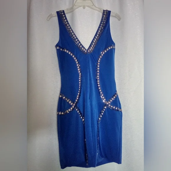 New Small Blue Silver Bebe Tribal Rings Knit Dress Homecoming Prom Holiday Party - Picture 2 of 11